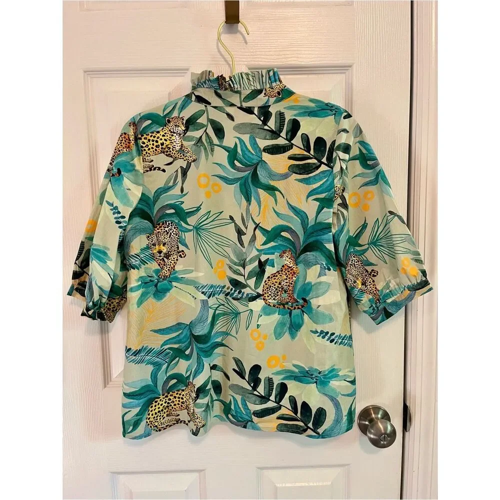 Amaya Tropical Leopard Print Blouse Green Cotton Resort Top S NWOT - Picture 6 of 7